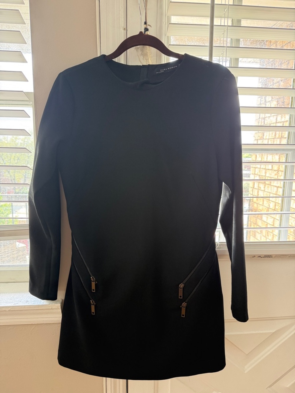 Zara Black Long Sleeve Shift Dress with Diagonal Zip Details